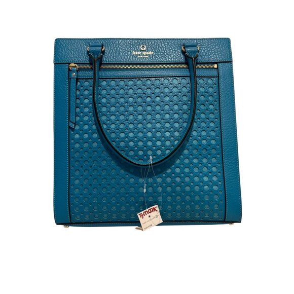 NWT Kate Spade Teal Perforated Leather Tote Bag With Zip Closure & Dual Handles - Picture 3 of 16